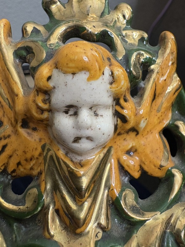 1910 Antique German Minxie Ceramic Mantel Clock w/ Cherubs Majolica Rococo