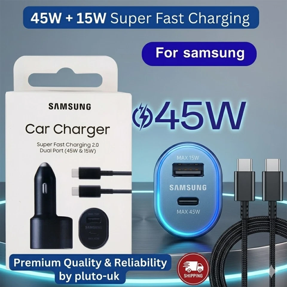 For Samsung 60W Super Fast Charger Dual Car Charger (45W+15W) 2 Port USB-C - Image 1 of 4