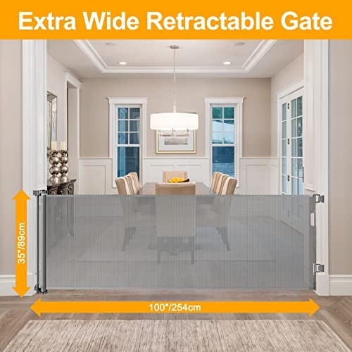 WOMHOM 100 Inch Extra Wide Baby Gate Large Opening Outdoor Retractable Mesh Gray