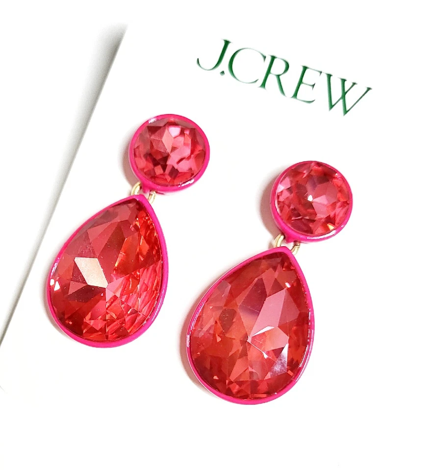J.Crew Sparkly Double Drop Earrings Vibrant Fuchsia Gold Plated Brass BQ556 New - Image 4 of 4