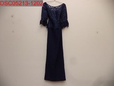 NWT-Snag, J S Collections Women's Navy Blue Embroidered Mesh Peplum Gown, Size 4