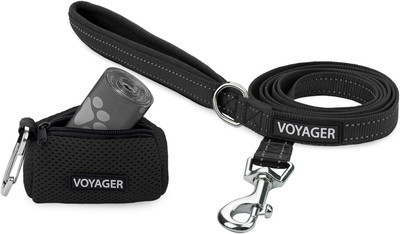 Voyager Reflective Dog Leash with Neoprene Handle and Reusable Mesh Dispenser Po