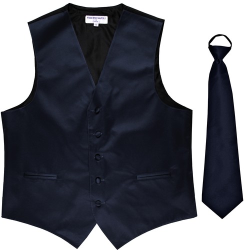New Men's Formal Tuxedo Vest Waistcoat Pre-tied Necktie solid navy blue wedding - Picture 1 of 4