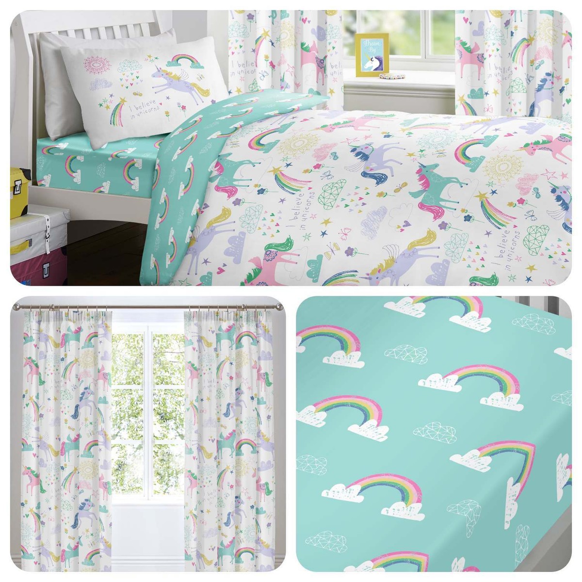 Bedlam RAINBOW UNICORN Multicolour Bedding Eyelet Curtains UK
