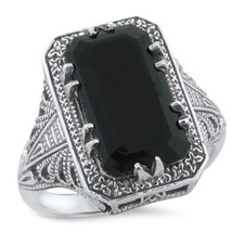 BLACK AGATE 925 SOLID STERLING SILVER DECO ANTIQUE STYLE RING SIZE 9    765