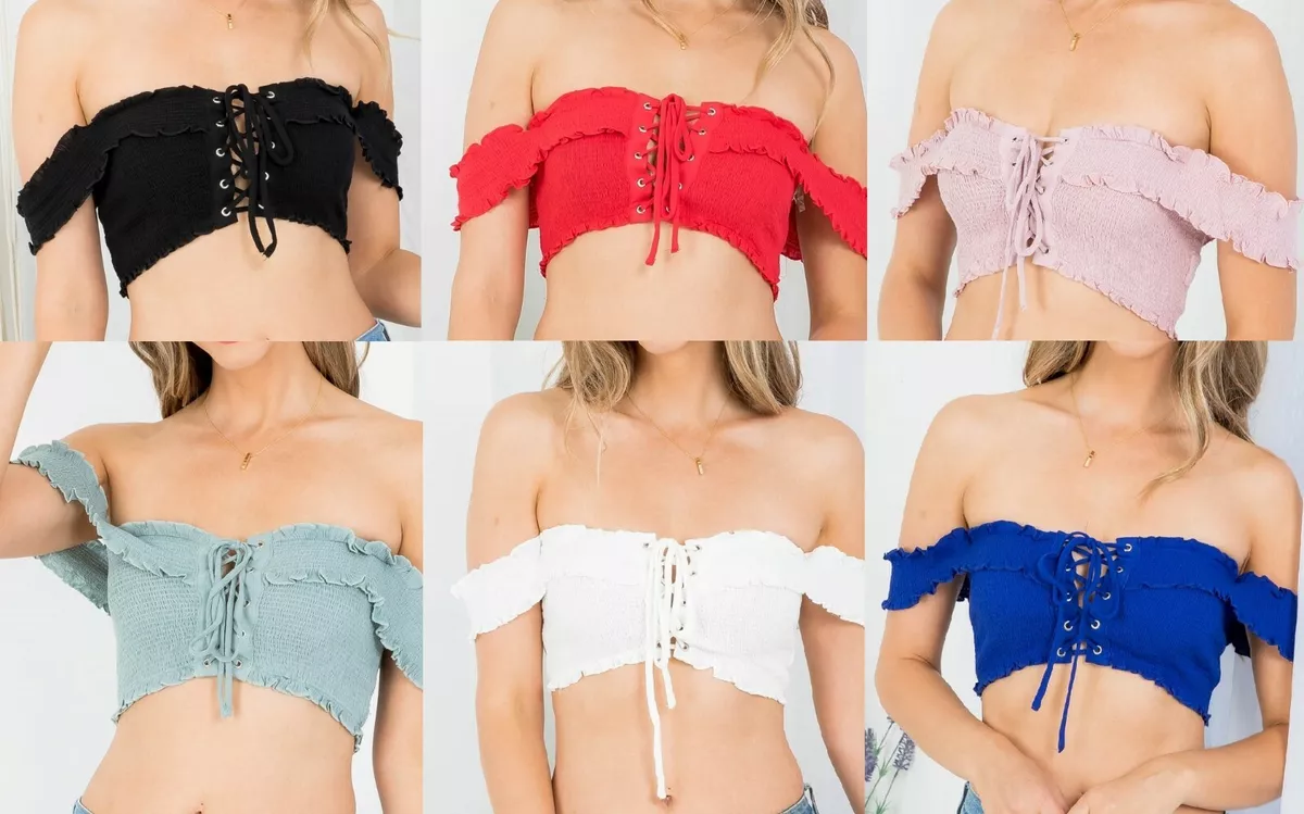 Elastic Smocked Stretch Off Shoulder Lace-Up Tie Center Tube Bralette Crop  Top