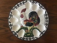 CBK Rooster Deviled Egg Dish Plate Black White Checks Vintage