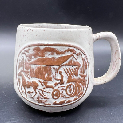 Vintage Goss Pottery Horse Drawn Carriage Bridge 3.5'' Brown Ceramic Coffee Mug