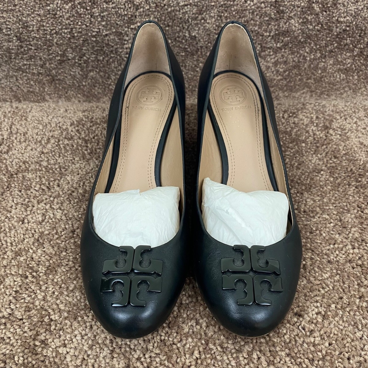 Tory Burch Lowell Peep Toe Wedge Womens Size M Black Leather