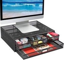 Mesh Monitor Stand with Dual Tier Mesh Storage Drawers Black Metal