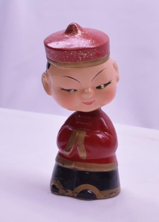 Vintage Asian Nodder Red Clothes/Hat And Rhinestone Eyes Kokeshi Doll