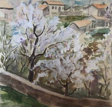 Watercolor Painting Trees Bloom Unknown Artist Unframed Original Decor nAAA2121