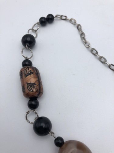 Silver & Copper Tone Necklace Chunky Black Swirl & Faux Agate Beads Boho 15” - Picture 7 of 15