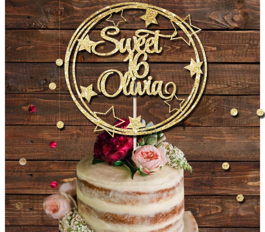 Custom Sweet 16 Circle glitter cake topper, Sweet 16 sparkly topper birthday