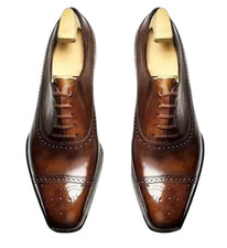 Men's Bespoke Handmade Leather Lace Up Toe Cap Oxford Brogue Office Wear Shoes