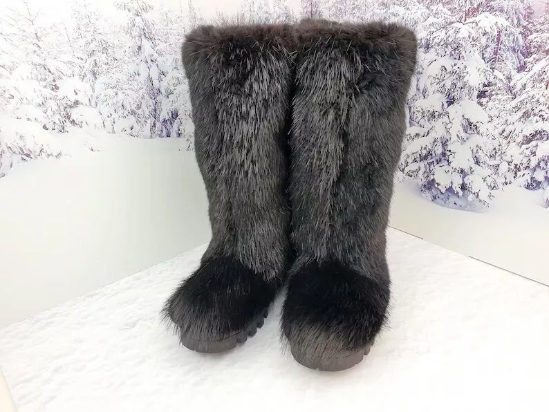 Men s Beaver Fur Viking Boots Black And Brown Color Fur Winter Mukluks Big Sizes
