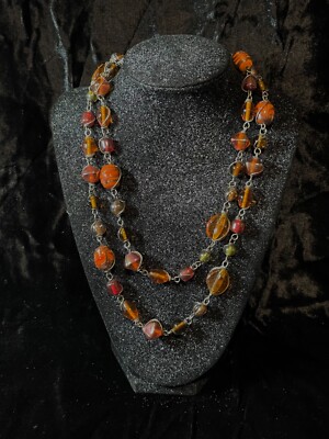 NECKLACE glass brown orange red green bead silvertone metal wrapped loop costume