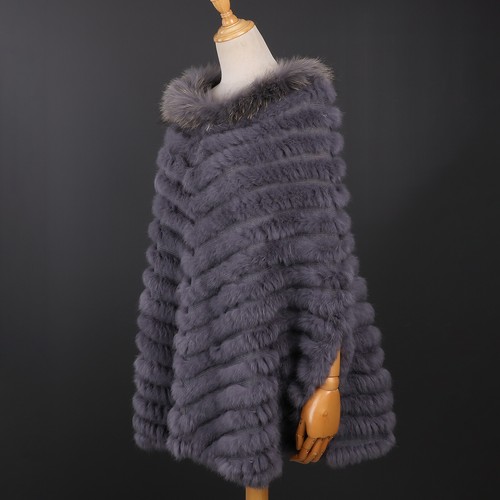 Women's Pullover Poncho Real Rabbit Fur Knitted Cape Shawl Raccoon Fur Collar - Picture 54 of 54