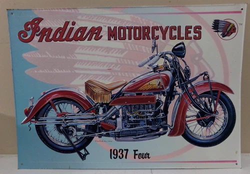 Vintage Indian Motorcycles Tin Sign 1937 Four Cylinder Eric Wehder 1996 16.75x12
