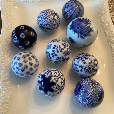 Set of 9 Blue and White Ceramic Carpet Balls Orbs Decor