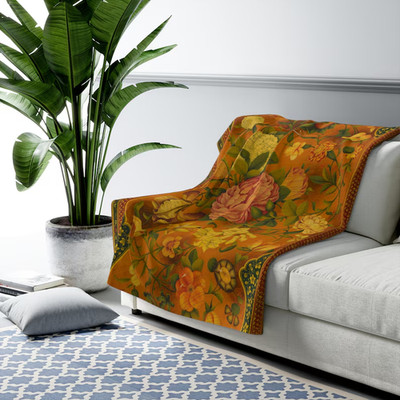 Persian Floral Sherpa Fleece Blanket Elegant Botanical Design