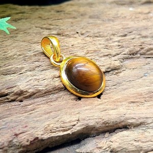 Authentic Natural Tiger eye 8x10mm Oval Gemstone Pendant, Gold Plated Handmade Jewelry.