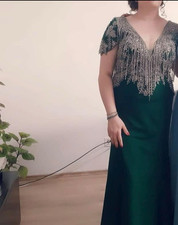 Damen Abendkleid lang Grün Gr. 42 Kurzarm V-...