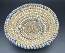 Handcrafted Pine Needle Woven Basket Blue Details Tribal Boho Fruit Multipurpose