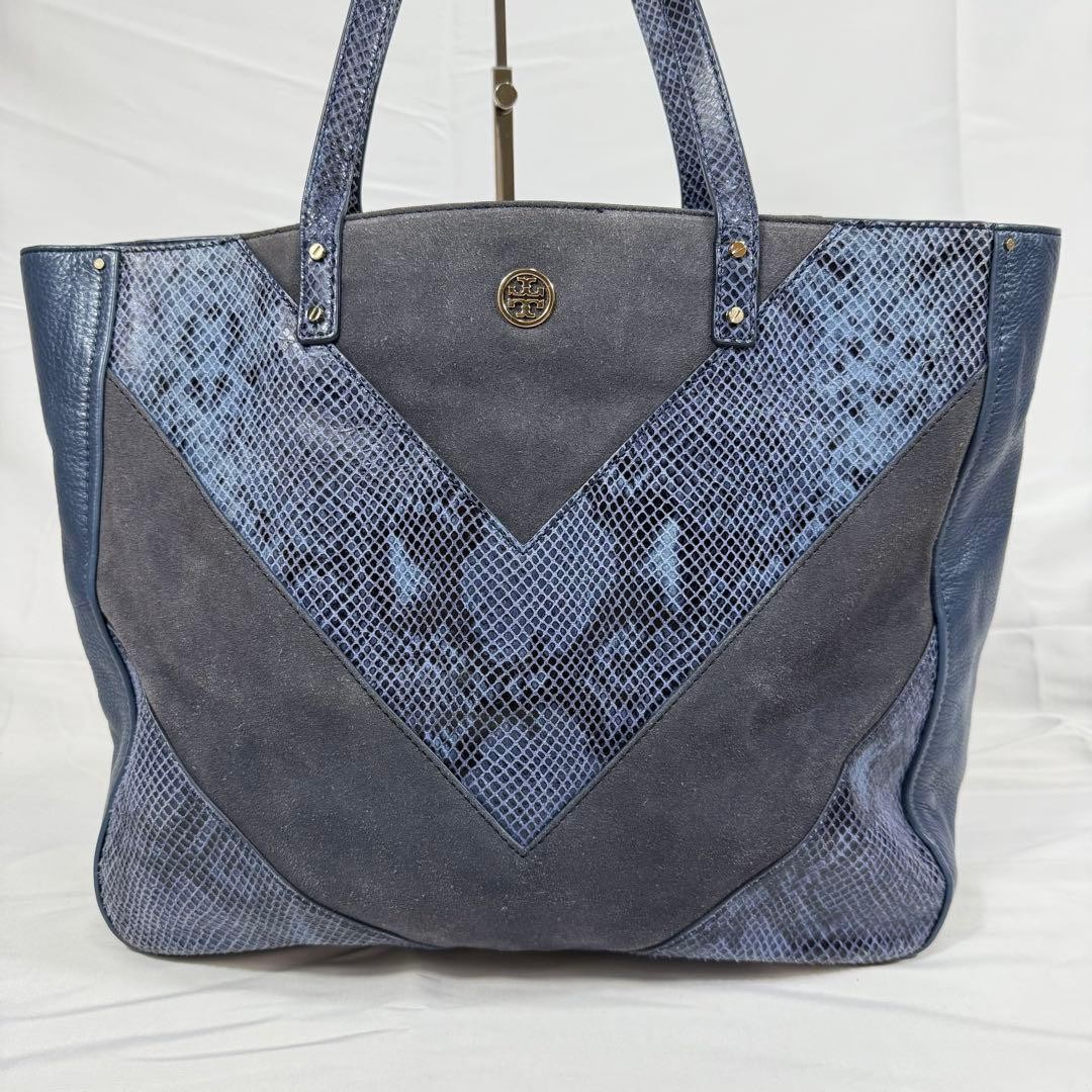 Tory Burch Blue Python Embossed Suede Leather Tot… - image 2