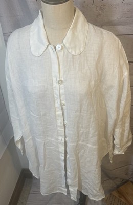 FLAX Jeanne Engelhart 100% Linen Tunic Top Sz Medium Beige Collared Button Down.
