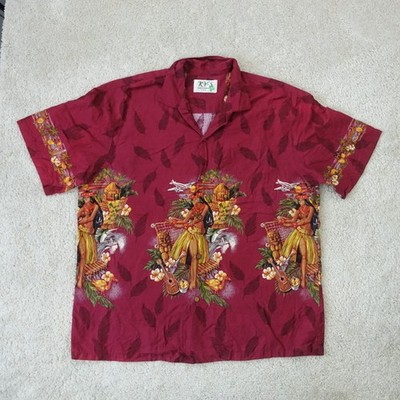 KYS Hemd Herren XXL Hawaii Burgund Hula Girl Aloha Hawaii USA Vintage 90er Rot