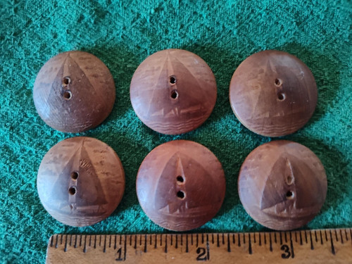Vintage Wooden Sailboat Carved, Rounded Buttons, Lot of 6