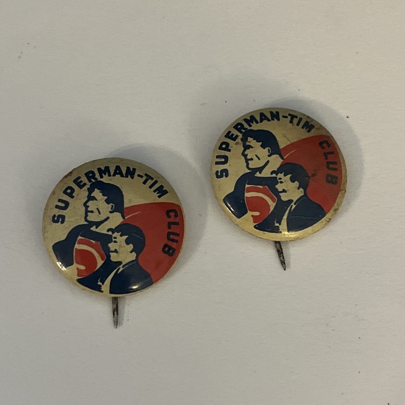 1940's SUPERMAN TIM CLUB Member in Good Standing tin pinback button Set Of 2