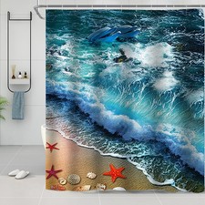 Dolphin Wave Shower Curtain, Ocean Surf Seashell Decor, Waterproof new