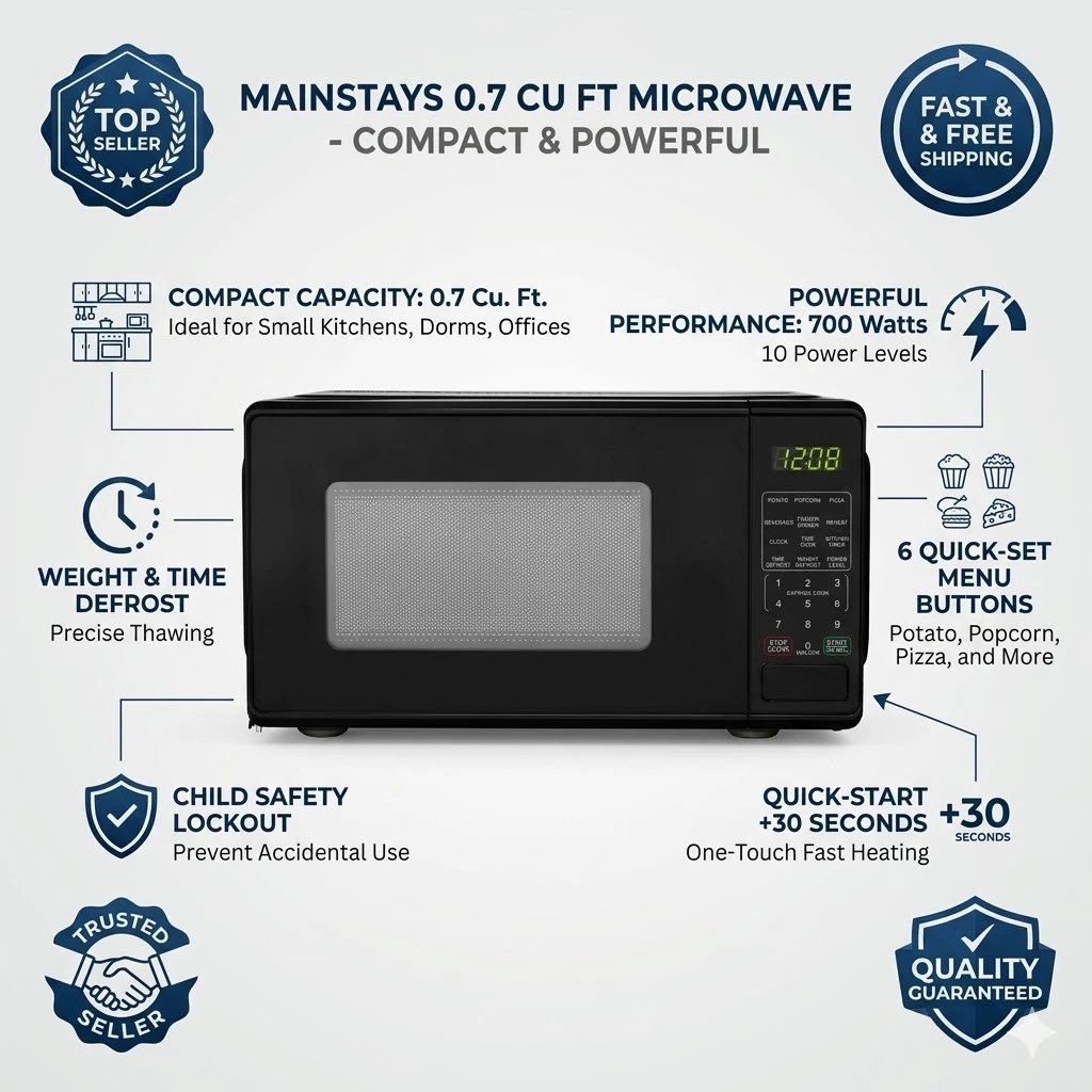 Mainstays 0.7 Cu ft Countertop Microwave Oven, 700 Watts, Black