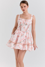 NEW, House of CB Peach Floral Rose Print Cotton Mini Dress multi Sz XS MD1828
