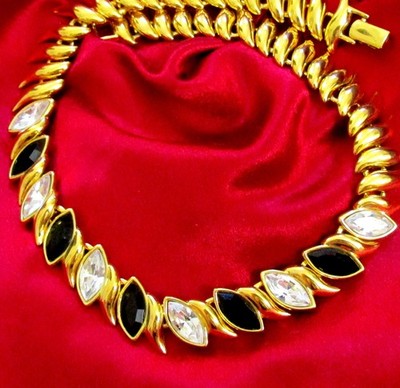 VTG RUNWAY Deco NAPIER 16'' GP NECKLACE w SWAROVSKI BLACK/ ICE CRYSTAL Marquise