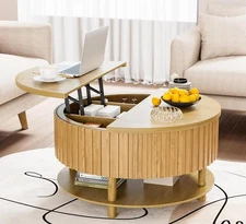 Round Lift Top Coffee Table with Storage, 31.5'' Modern 2-Tier Coffee Table