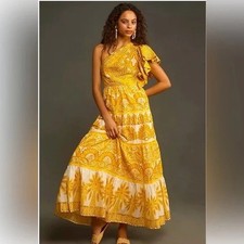 NWT Farm Rio Yellow Ainika Tapestry One Shoulder Lined Maxi Dress Size XXS