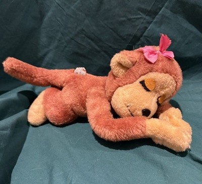 Vintage Dakin Monkey Plush Stuffed Animal Chimpanzee Connecting Hands 1975 Bow