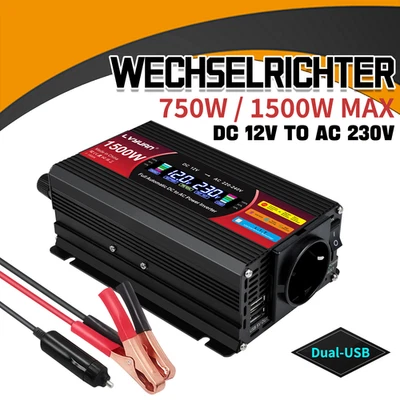 LVYUAN 750W 1500W Max Wechselrichter DC 12V auf AC 230V Auto-Spannungswandler LCD + USB