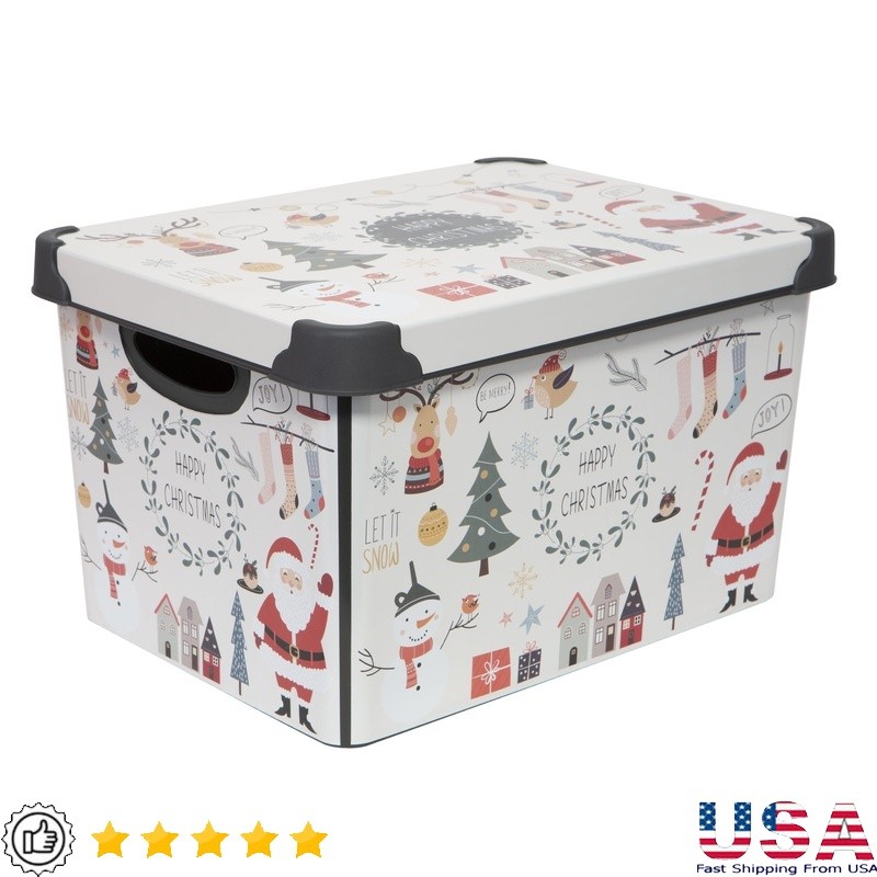 Christmas Storage Bin with Removable Lid - Stackable Holiday Organizer Tote