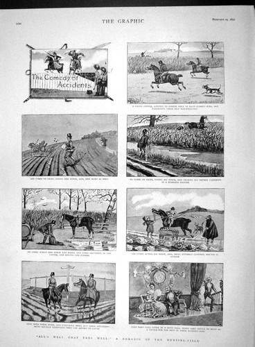 Original Old Antique Print 1893 Romance Hunting Field Sport Horses Victorian