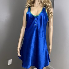 Vintage Fredericks of Hollywood Blue Satin Chemise Emerald Trim Medium Hong Kong