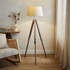 Image of Modern Wooden Tripod Floor Standard Lamp + Fabric Shade LED Light Bulb Lounge