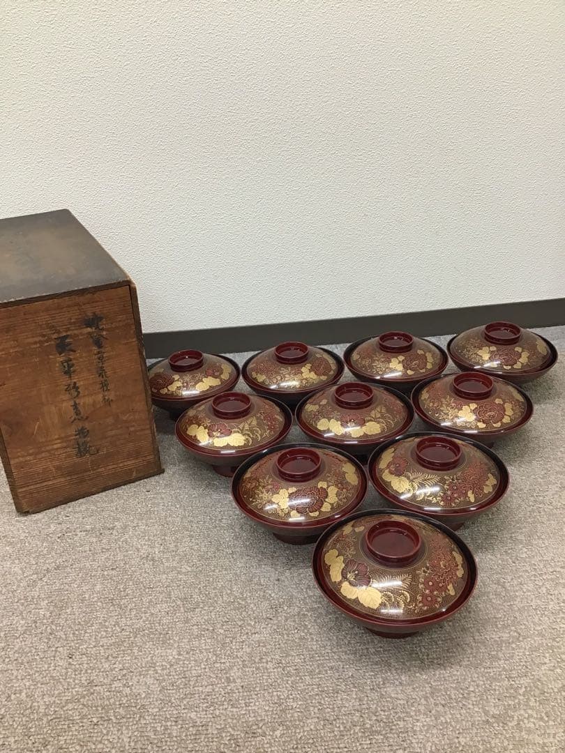Wajima-nuri Burnt Lacquer Bowl Set of 10 with Wooden Box Used Japan Authentic