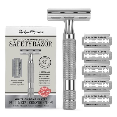 ROCKWELL RAZORS 2C White Chrome Double Edge Safety Razor With Adjustable Shave S