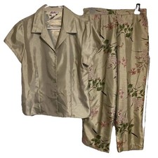 Vtg Pant Set 2-pc Top Size 12  High Rise Capris Sz 10 Green Cherry Blossom R K