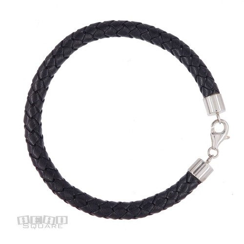 Sterling Silver 6mm Round Braided Black Genuine Leather Cord Bangle 8" (7.9")