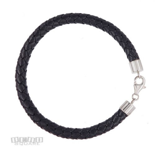 Sterling Silver 6mm Round Braided Black Genuine Leather Cord Bangle 8" (7.9") - Picture 1 of 1